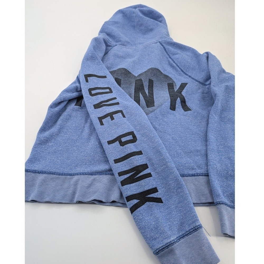 VTG Victorias Secret PINK Full Zip Hoodie Blue Heather Love‎ Graphic Sleeve L